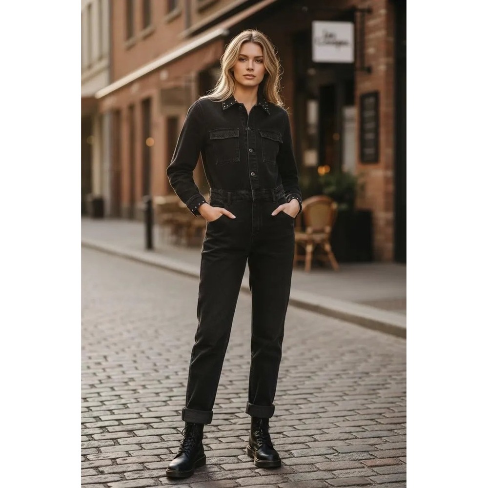 #167 LEE Union-Alls overall Jumpsuit Sz. Medium Black Studded Denim Coveralls